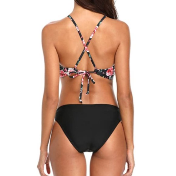 Engaging Floral Top Black Bottom Sporty Swimwear - Picture 2 of 8